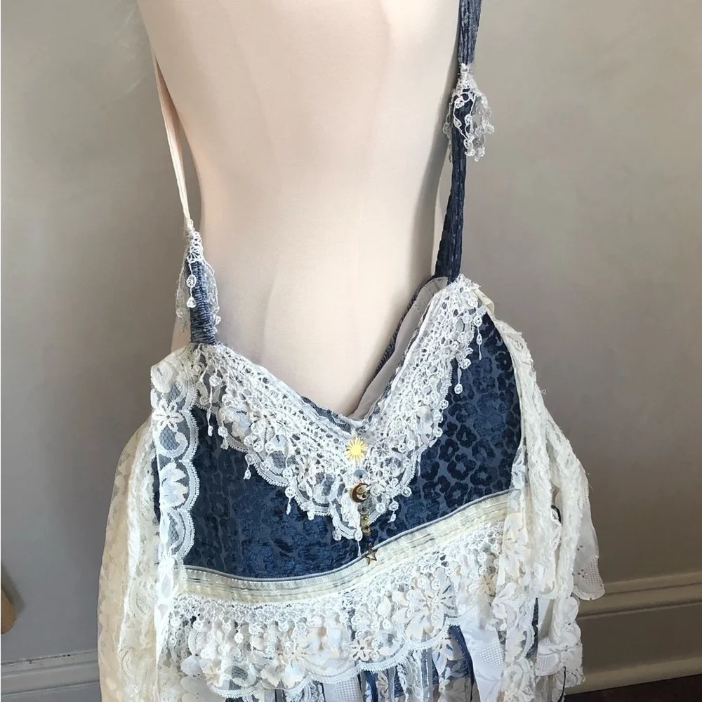 Bohemian Blue Animal Print Cross body Bag w/white lace,ribbon & blue aventurine